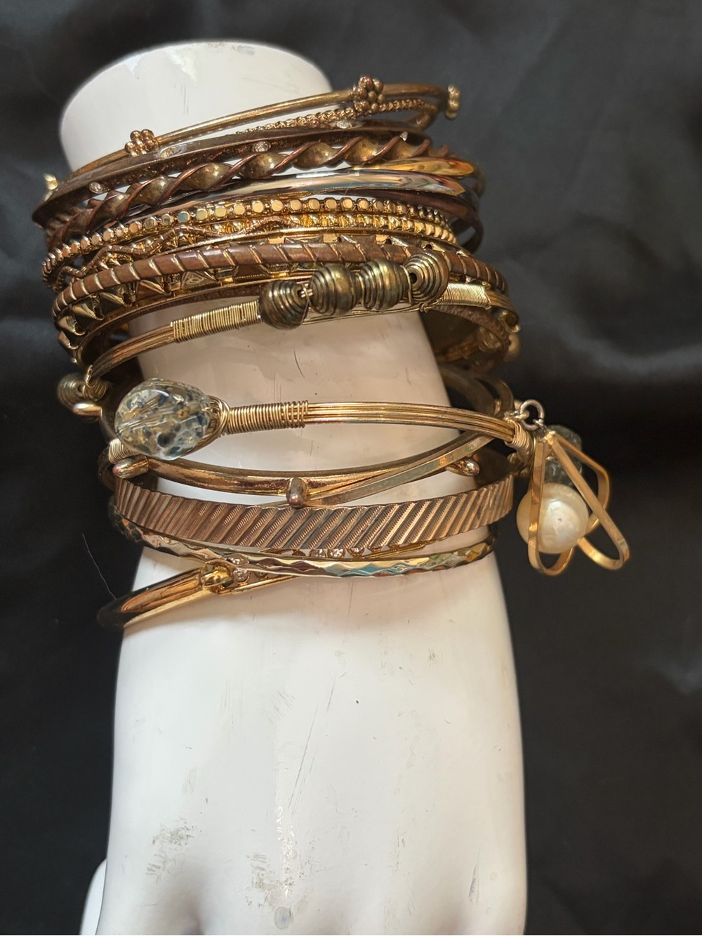 Bangle bracelet cluster gold and bronze tone multi facets/cuts textured
